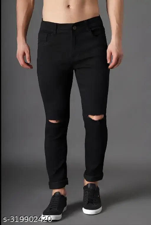 Black denim knee-cut jeans with ripped detail, perfect fit for men by Shriradhe Enterprises, size 30 (waist 30in, length 40in), made in India