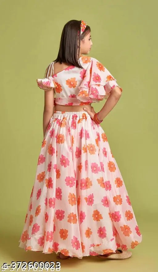 Georgette printed top & lehenga set for girls, vibrant design by Om Guru Creation, Indian origin