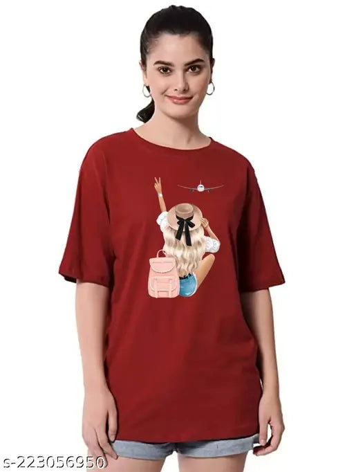 Oversized women's regular fit red cotton t-shirt with half sleeve and latest stylish print design