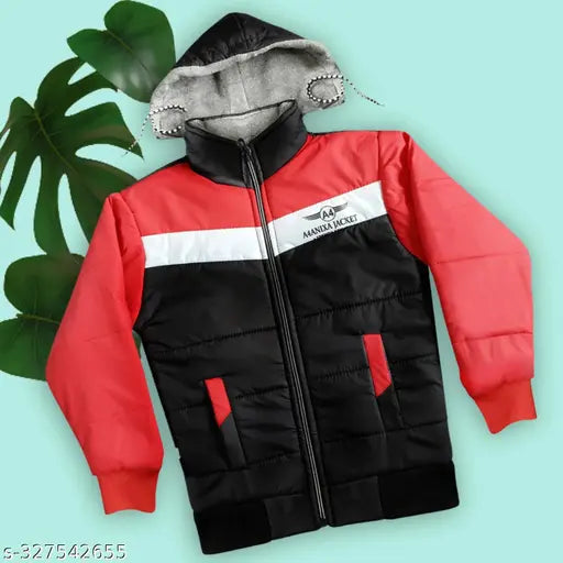 Black and red puffer jacket, hooded coat for boys