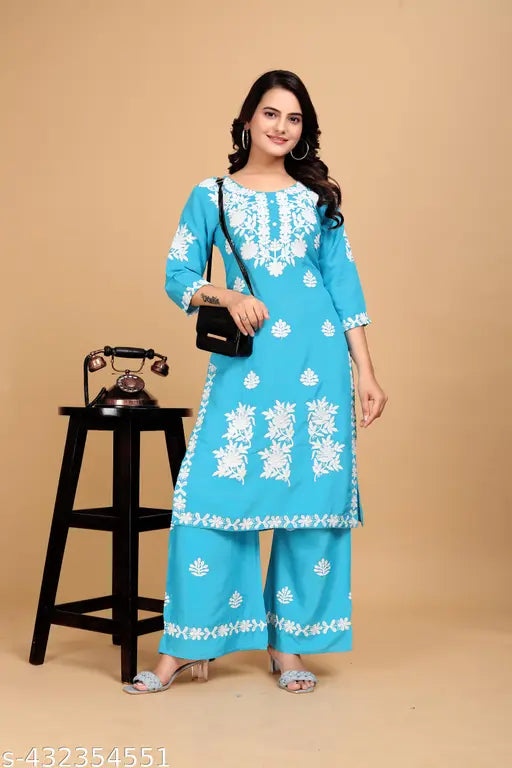 Embroidered net rayon kurta and palazzos set, three-quarter sleeves, Indian ethnic wear in multiple sizes from M to XXXXL