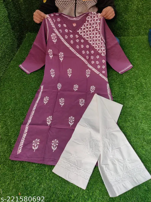 Embroidered chiffon kurta with palazzo set, cotton fabric, three-quarter sleeves. Indian Lucknowi Chikankari women's outfit pack of 2 in various sizes