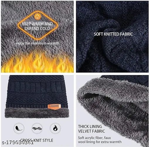 Winter woolen cap, neck warmer combo pack of 2 in soft grey color, thick lining, velvet fabric, enjoy winter warmth and protection