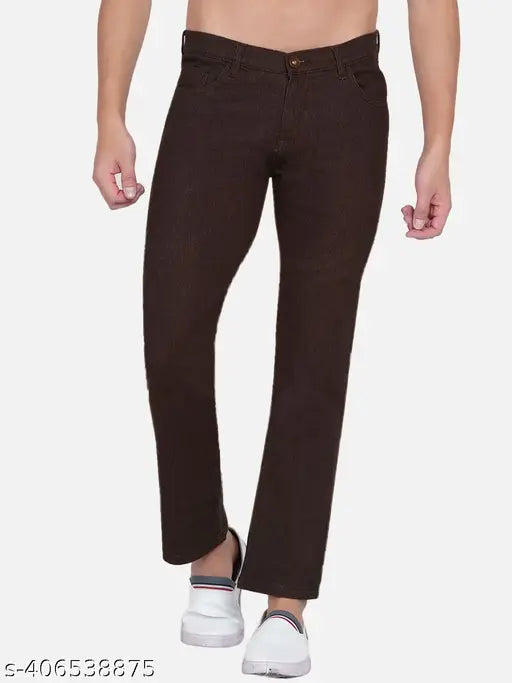Coffee-colored DAIS Men's Stretchable Slim Fit Jeans with cotton blend fabric for a comfortable fit and versatile style