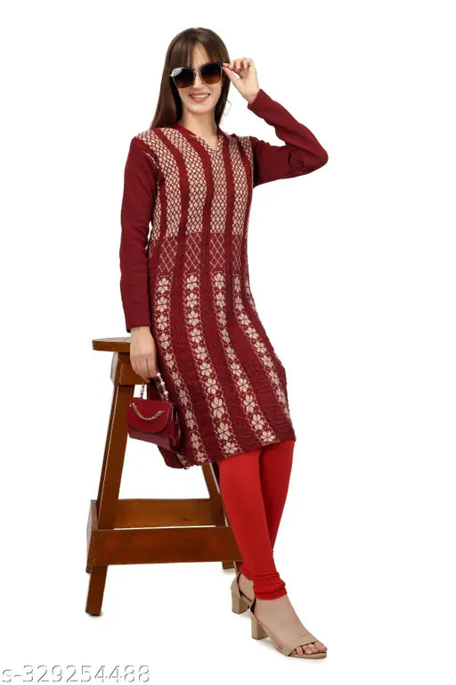 Women's woolen printed A-line Kurta by CHRISTY'S COLLECTION, featuring long sleeves and intricate Indian print design. Available in sizes M, L, and XL