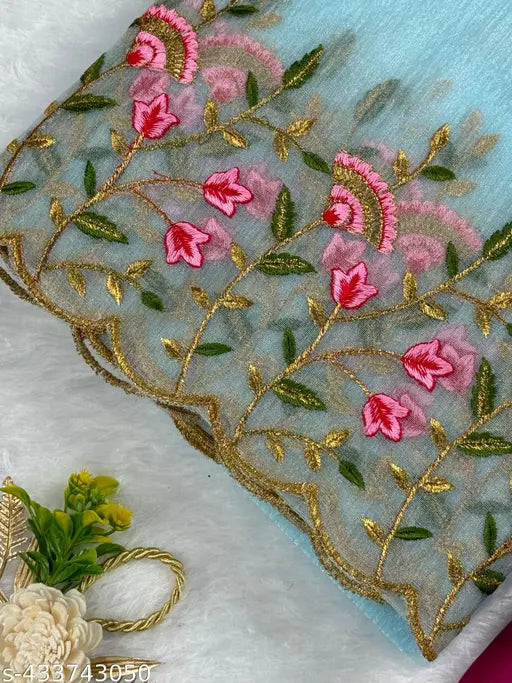 Embroidered Super Net Fabric Sari with Dupion Silk Blouse, intricate multi-thread embroidery, cutwork border on pallu