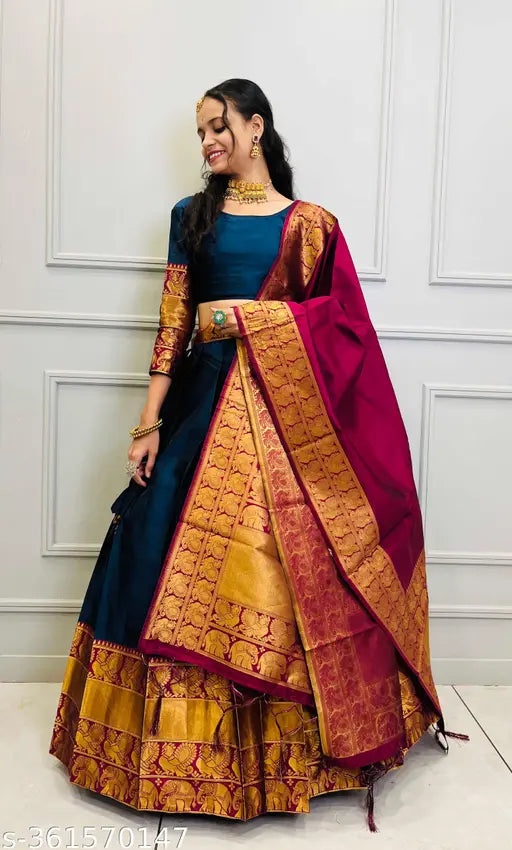Traditional South Indian style art silk half saree set, unstitched lehenga (40m waist, 42m length), choli and dupatta with zari work, solid woven design, tussled edges, belt provided, ready to ship from India