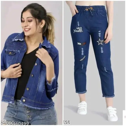 Trendy denim jacket, jean jogger pants, distressed wash, casual wear