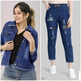 Trendy denim jacket, jean jogger pants, distressed wash, casual wear