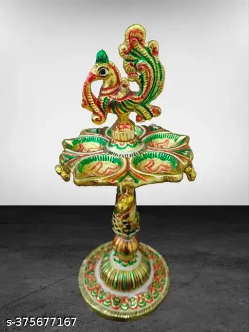 Multicolor peacock metal diya stand, handcrafted Indian home decor gift item for showpiece, vibrant peacock design, 10cmx10cmx21cm