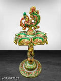 Multicolor peacock metal diya stand, handcrafted Indian home decor gift item for showpiece, vibrant peacock design, 10cmx10cmx21cm