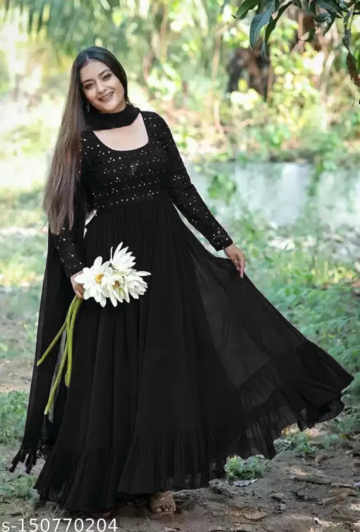 Olny royal embroidered Georgette blend flared gown, full-stitched ready-to-wear for party, wedding, festival wear in various sizes: S (36" bust), M (38" bust), L (40" bust), XL (42" bust), XXL (44" bust). Hand wash, suitable for all seasons. Embellished net gown on hanger