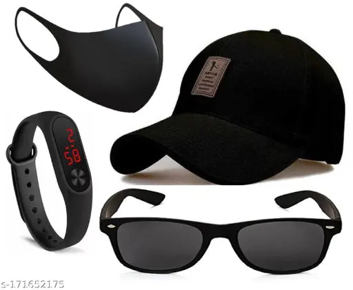 Black cotton Ediko baseball cap combo with black polarized lens eye protection Wayfarer sunglass, black LED band, and mask for men and boys - self-designed pack of 4