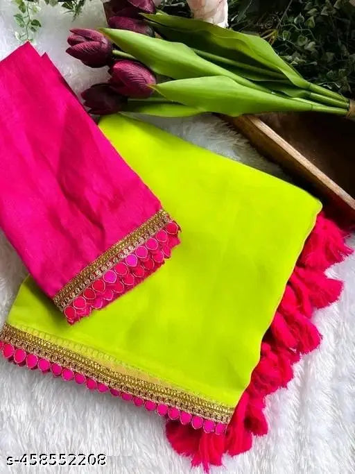 Trendy Georgette saree with lace border, India-made, featuring a separate Bangalore silk blouse in free size (5.5m/0.8m), perfect for women's fashionable wardrobe
