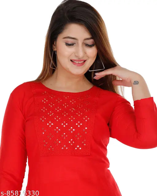 Rayon red embroidery kurta set with palazzos, traditional women's fashion for casual or party wear