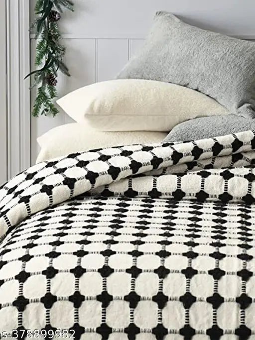 Black & White 3D Printed Cotton Throw Bedcover - Elegant geometrical pattern for versatile use, handcrafted in India