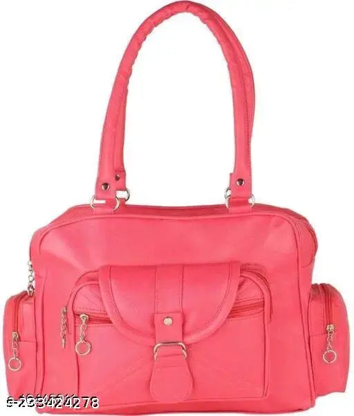 Red leather handbag with multiple pockets and a long strap