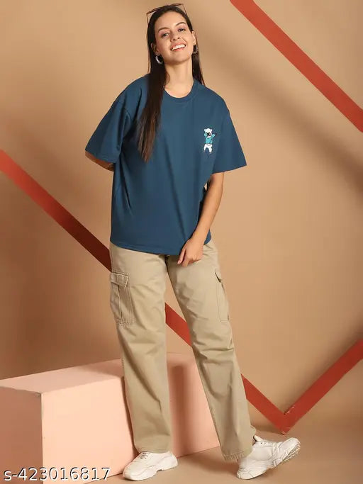 Women's casual wear cotton printed oversize t-shirt, crew neck, short sleeves