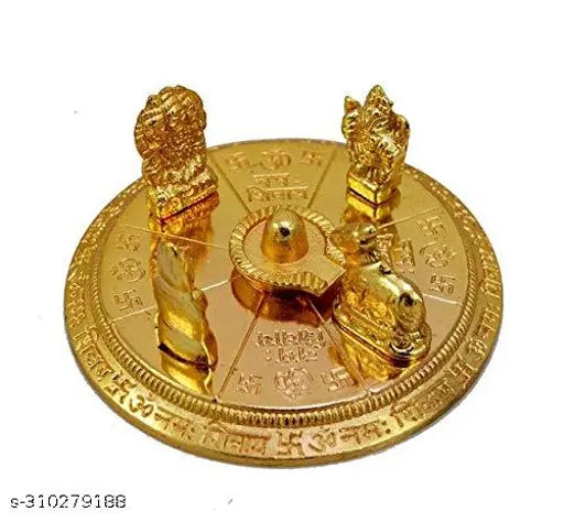 Gold-plated brass Shiv Parivar idol with Shivling, Ganesh, and Kartik - decorative Indian religious figurine, 9cm tall