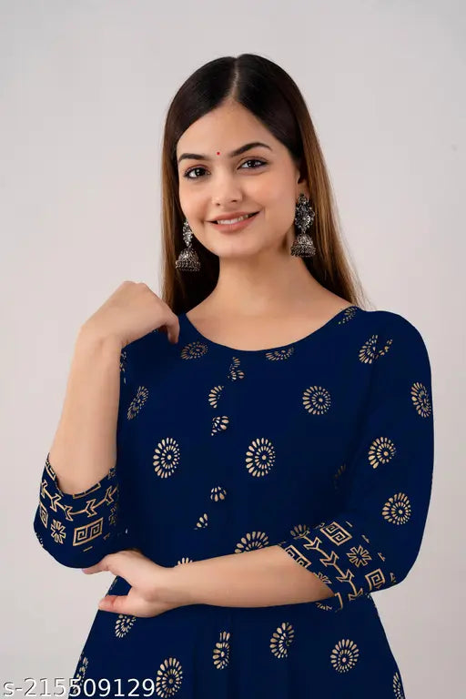 Navy Blue Rayon Anarkali Kurti for Office/Party Wear, gold printed with round neck and three-quarter sleeves, festive or formal wear for women, available in various sizes from S to 4XL