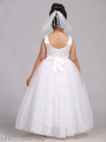 A white full-length girls party gown, sleeveless, with a sweetheart neckline and bow at the back