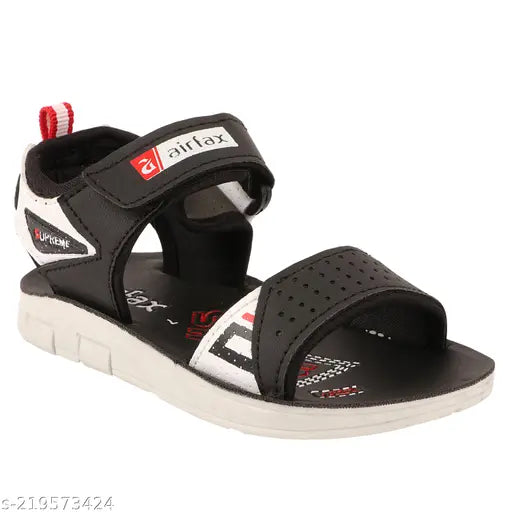 Black PU sandal floaters for kids - AIR FAX unisex, featuring printed net design and adjustable velcro fastening