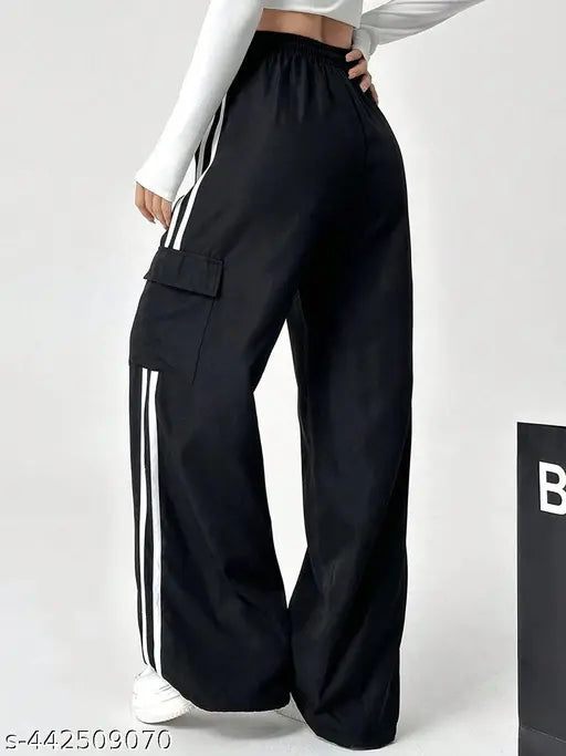 Black four pocket wide-leg pants with white stripes, soft fabric.