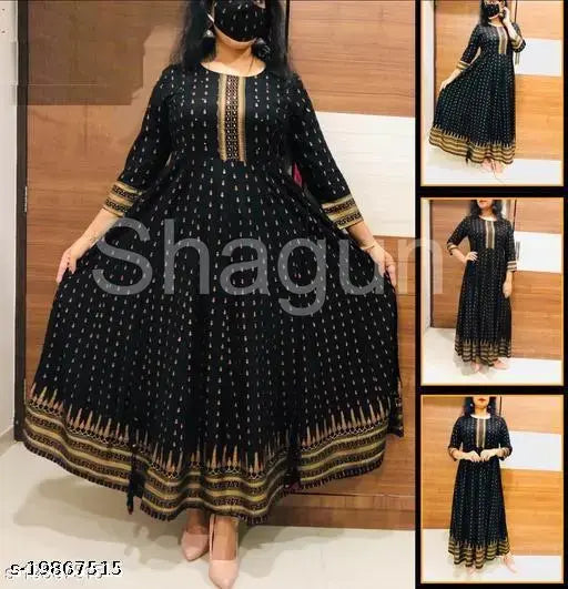 Black Rayon Anarkali Kurtis with Gold Print, three-quarter sleeves, vibrant print, comfortable and stylish ethnic wear