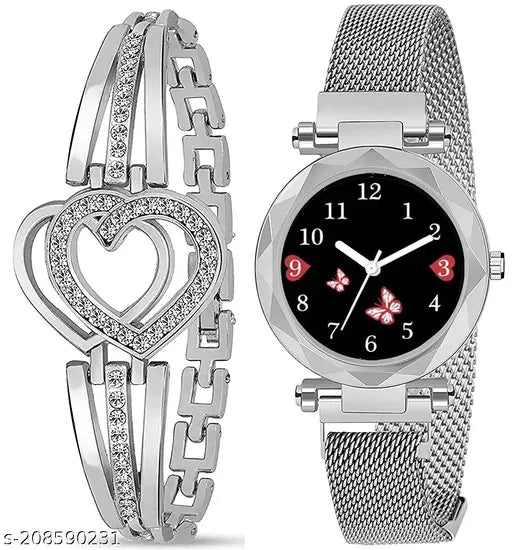 Women's fashionable black round analog watch with rose gold hands, featuring a leather strap and magnetic closure