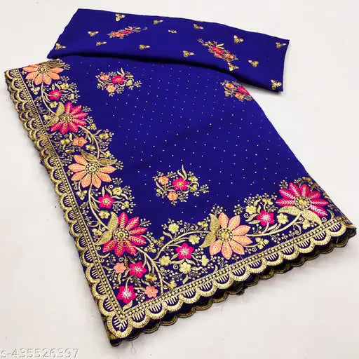 A beautiful blue and pink embroidered work saree, long length with matching blouse, perfect for parties