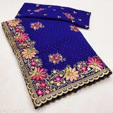 A beautiful blue and pink embroidered work saree, long length with matching blouse, perfect for parties