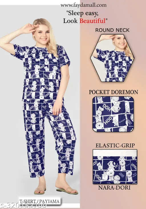 Women's printed night suit set - polyester pyjamas & t-shirt, colorful printed top and bottom for women and girls, comfortable nightwear for relaxation