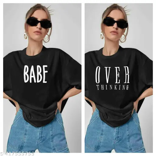 Cotton blend, color-blocked women's t-shirt set. Short sleeves, half loose fit, India origin