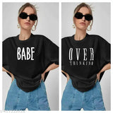 Cotton blend, color-blocked women's t-shirt set. Short sleeves, half loose fit, India origin