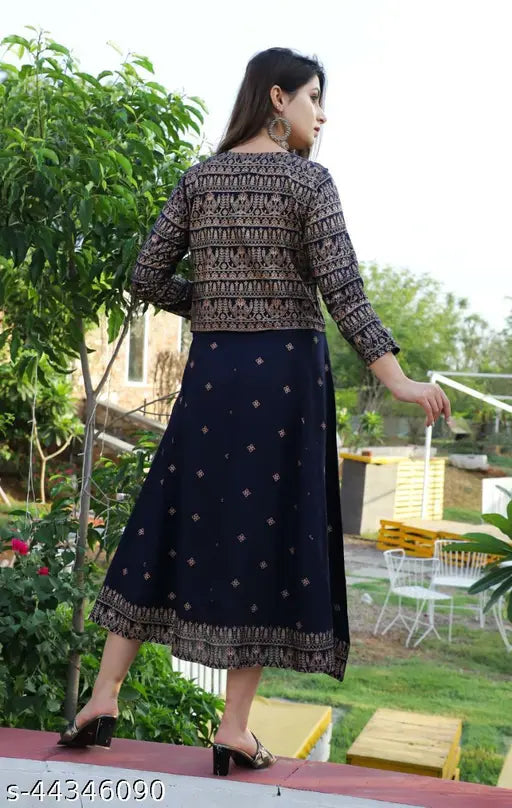 Rayon three-quarter sleeve printed combo Adrika Fabulous Kurtis, trendy Indian kurti with jacket