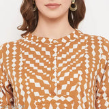 Rain Tree women's rayon printed mustard & white tunic, long-sleeved, vibrant mustard pattern on white, size S (Bust 36in, Length 30in)