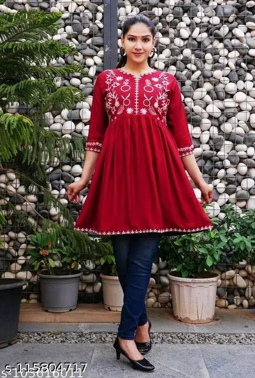 Red rayon embroidered regular fit top, long sleeves