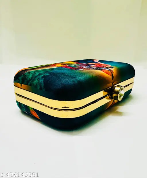 Multicolored, patterned, Candor Craft women's party clutch purse with metal chain strap