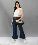 Dark blue premium stretchable flared denim joggers, baggy style with elastic waist and ankle cuffs for girls plus size, mid-waist, capris cut