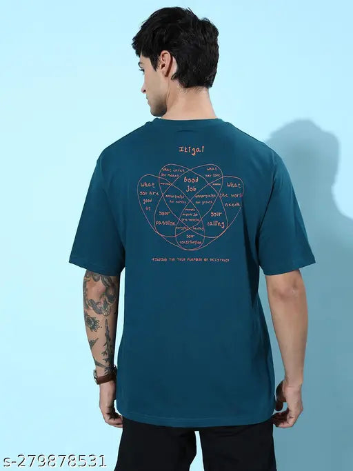 Blue cotton round-neck t-shirt for men, printed with 'difference of opinion' design. Oversized fit, short sleeves, available in sizes S, M, XL (42", 44", 47"). Pairs well with denim. Indian origin