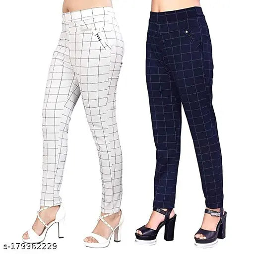 Trendy checked Lycra slim-fit jeggings for women (2 pack), free size with waist 34in and length 35in, Indian-made fashionable leggings on display
