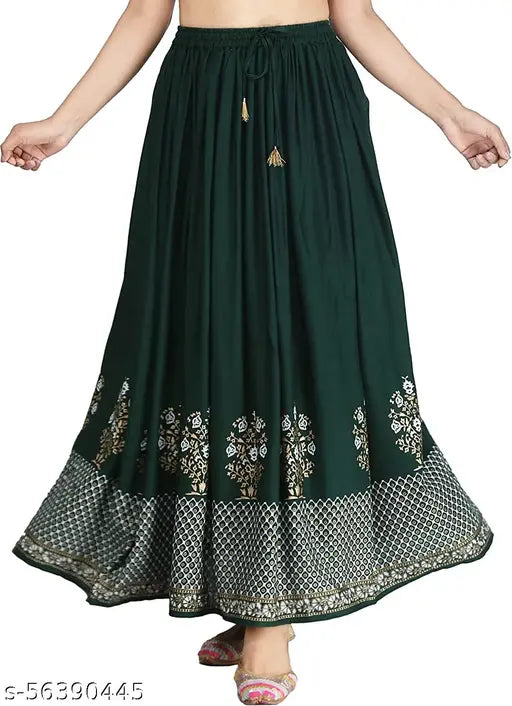 Green rayon Jaipuri gold printed long full-length Western skirt for women, fashionable and hand/machine washable