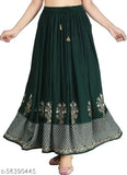 Green rayon Jaipuri gold printed long full-length Western skirt for women, fashionable and hand/machine washable