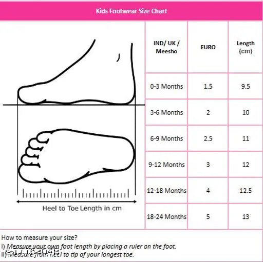 Stylish Kids Girls Casual Shoes, size chart in white text on a pink background, UK length scale, heel to toe length measurement, 3-6 month age range for young children
