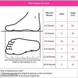 Stylish Kids Girls Casual Shoes, size chart in white text on a pink background, UK length scale, heel to toe length measurement, 3-6 month age range for young children