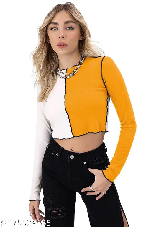 Yellow polyester lycra full sleeve crop top with colorblock pattern, comfortable and stylish for women and girls