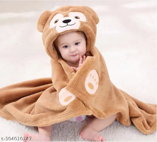 Beige monkey microfiber hooded baby blanket for newborns, soft flannel and multi-purpose design