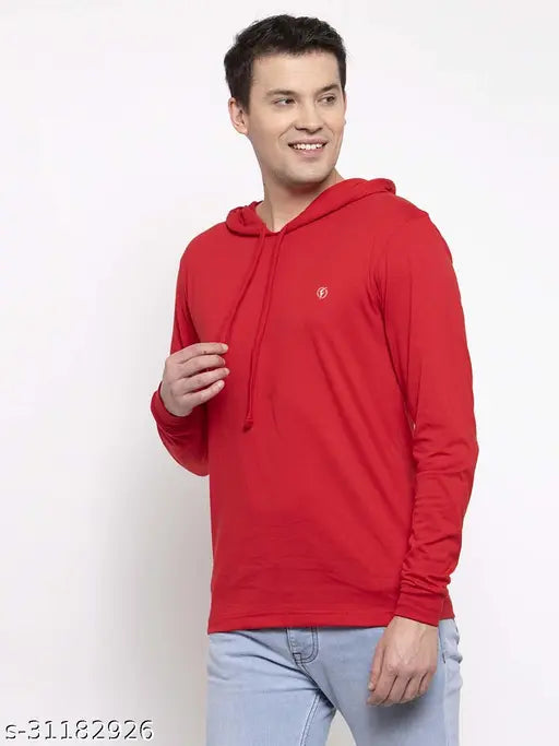 Men Red Long Sleeve with Rib Round Neck Solid Cotton Hooded T-shirt
