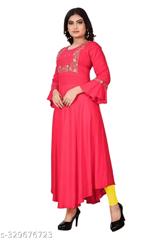 Embroidered Rayon ghera long, three-quarter sleeves, Indian festive wear (XL: Bust 42in, Length 50in)
