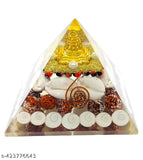 Swara Agate crystal laxmi pyramid with Rudraksha Shree Yantra, Gomati Chakra, Kauri, and Ratti seeds - Feng Shui showpiece for Vastu wealth, good luck, and prosperity (3.5 inches)